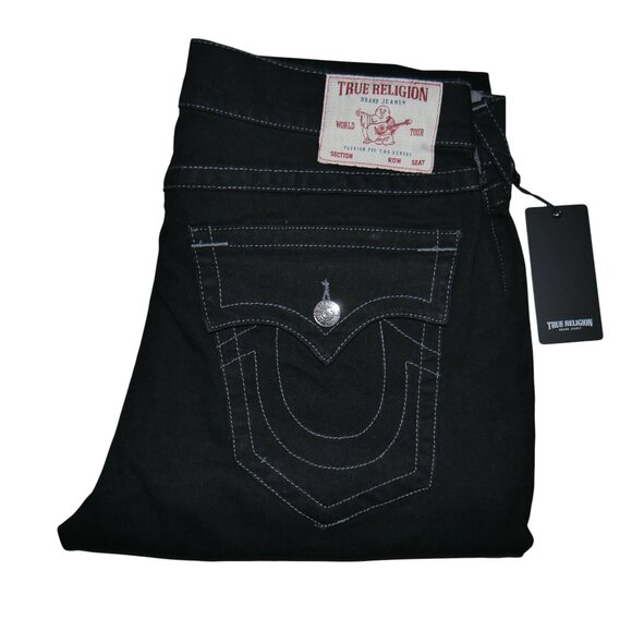True Religion Ricky Straight Jeans Men's Size 34x32 Solid Black Flap Pockets NWT - Picture 1 of 14